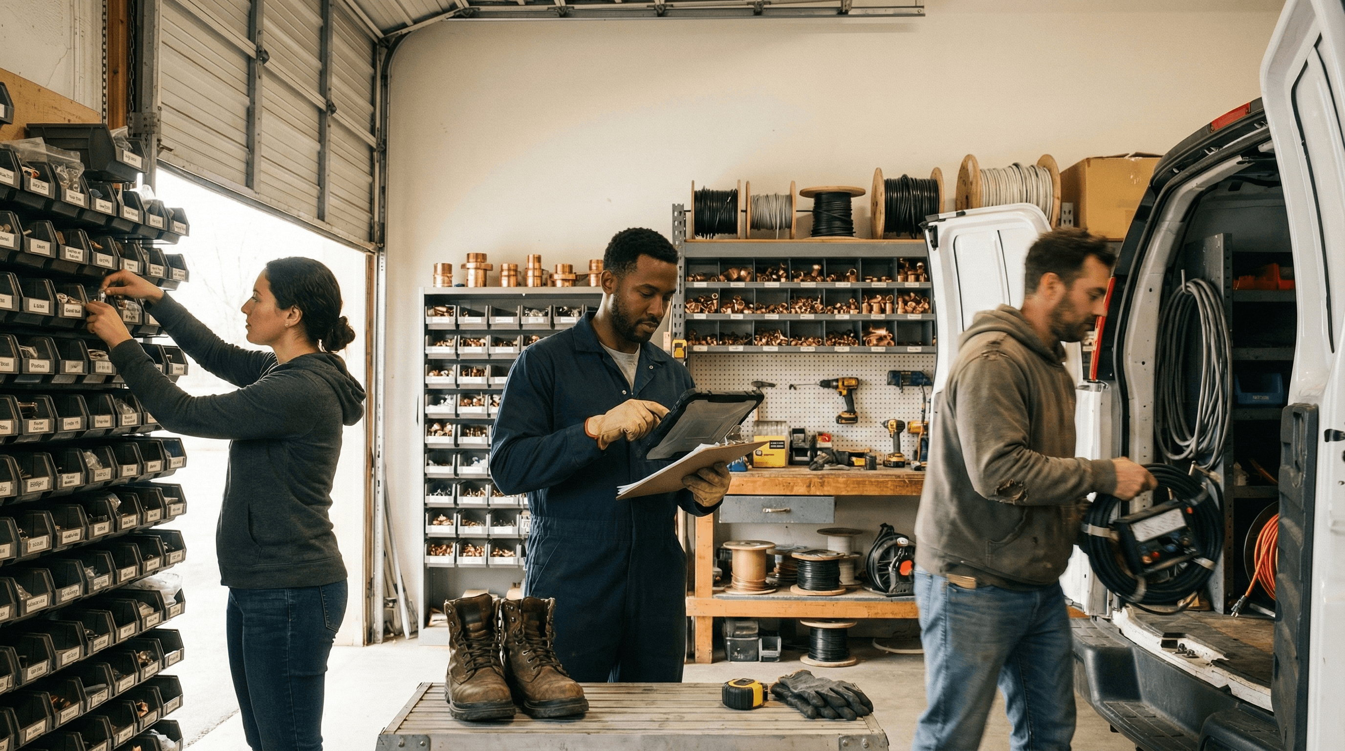 Crew preparing for the day in the shop